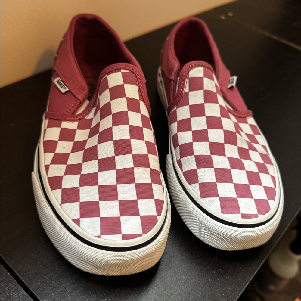 Vans Kids Burgundy and White Checkered Slip-On Sneakers
